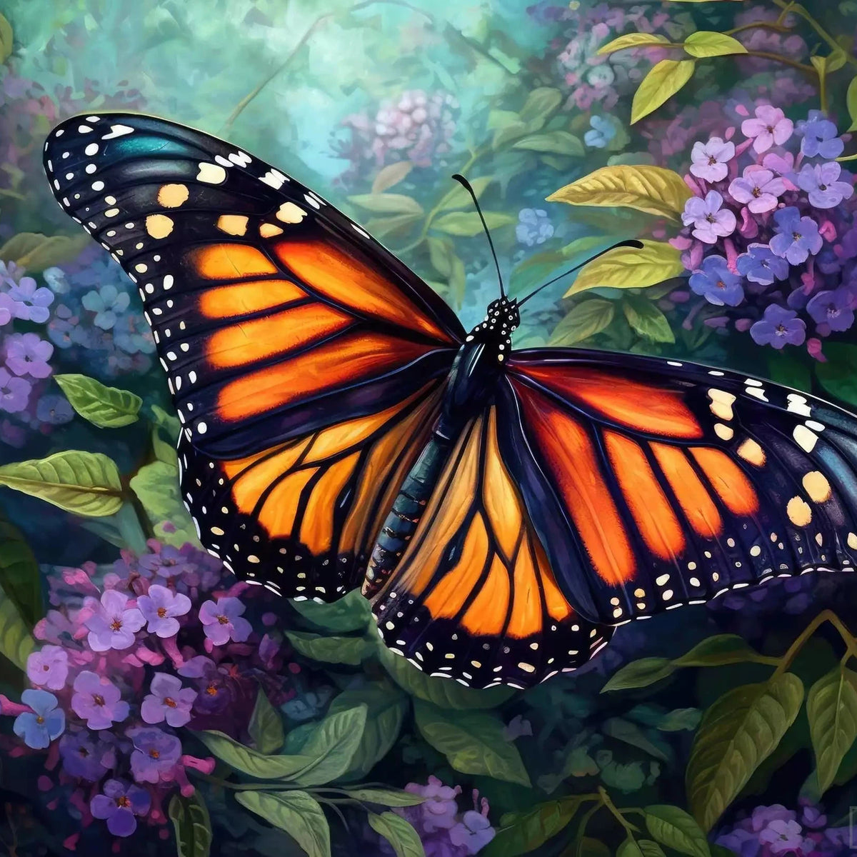 Explore the butterfly diamond painting of a vibrant monarch butterfly with striking black and orange patterns, resting on a cluster of petite purple wildflowers. With wings outspread and antennae raised. The simple yet vibrant composition ensures a delightful and manageable diamond painting experience, making it an excellent choice for beginners in the world of artistic expression through diamond painting.