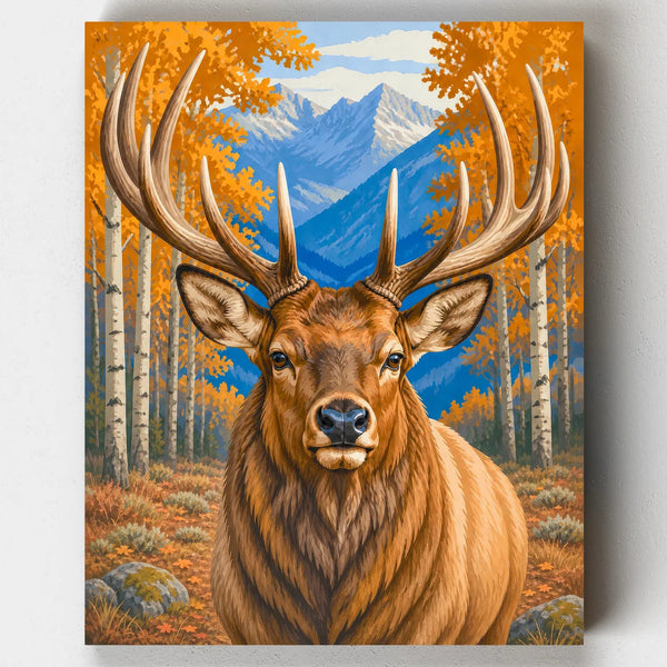 Bull elk portrait paint by numbers kit with golden birch trees and mountains in the background