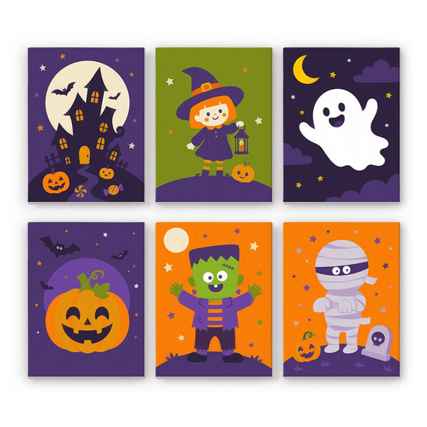 Monster Kids Club mini paint by numbers set showing all six Halloween designs