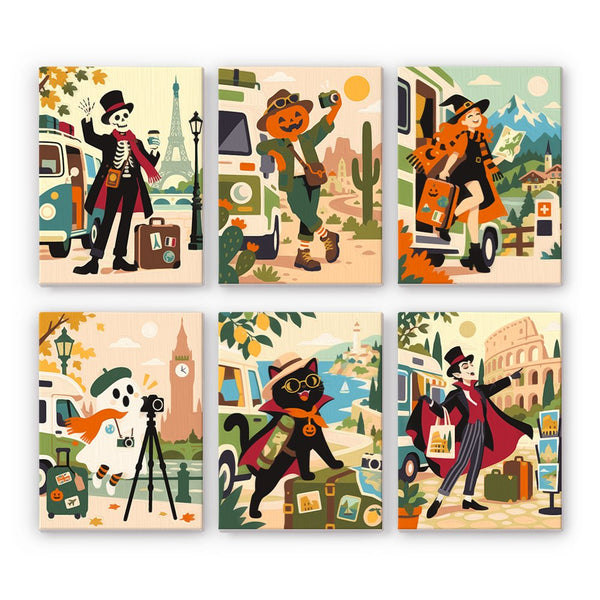 Monsters Around the World mini paint by numbers set showing all six Halloween designs