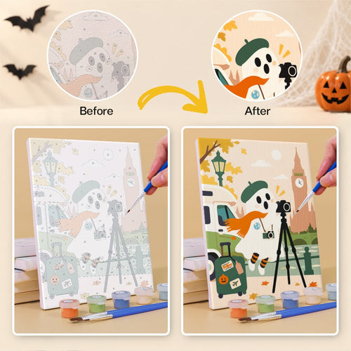 Before and after painting a Monsters Around the World mini canvas