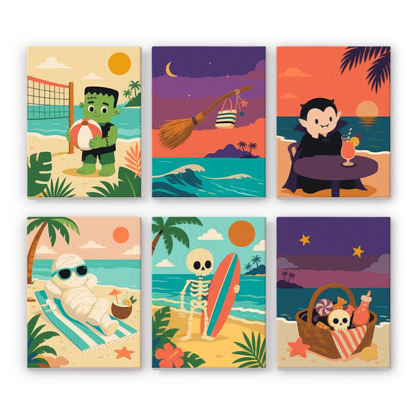 Monsters on Vacation mini paint by numbers set showing all six Halloween designs