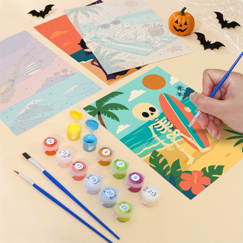 Close-up of a Monsters on Vacation mini canvas halfway painted