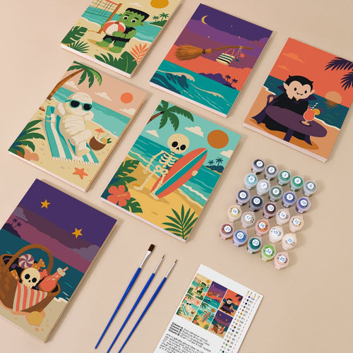 Monsters on Vacation kit contents with six numbered canvases, paints, brushes and reference sheet