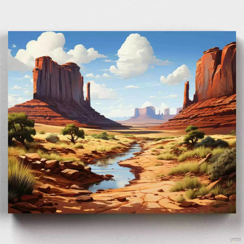 Monument Valley Painting by Numbers. Capture the iconic red sandstone formations with Monument Valley painting kit. Experience the landscape painting of terrains & blue skies of Navajo Tribal Park.