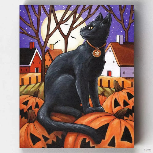 Moon Cat & Pumpkins. Bring the magic of Halloween to life with our 'Moon Cat and Pumpkin' paint by numbers kit. Perfect for creating a whimsical, spooky scene.