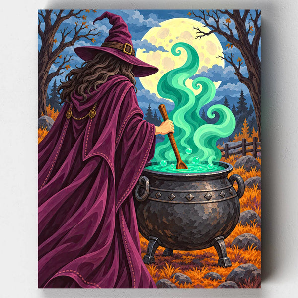 Moonlight Brew. A witch in a plum cloak stirs a glowing green cauldron beneath a full moon in this Halloween paint by numbers kit.