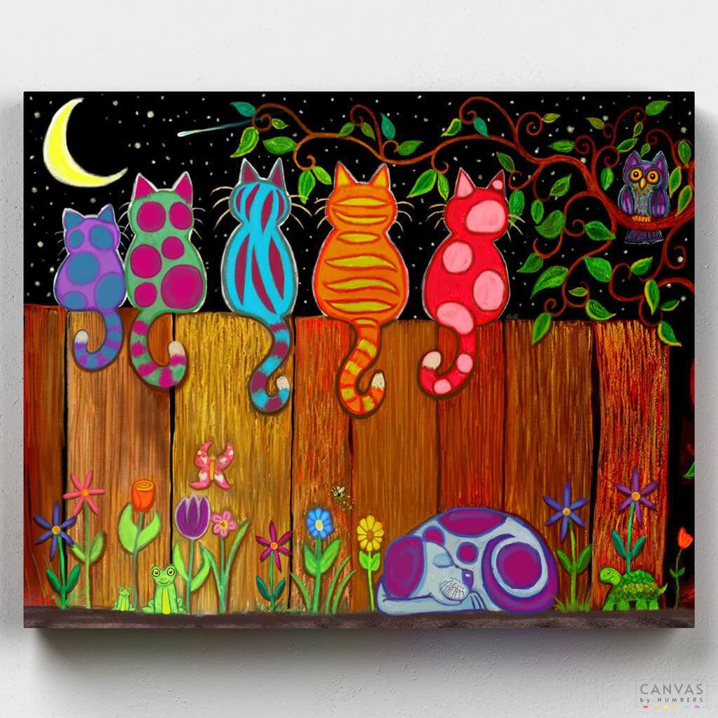 Moonlighting Together - Paint by Numbers-Paint by numbers and let your imagination fly with these colorful cats under the moon! Original art by Nick Gustafson. Only at CBN.-Canvas by Numbers