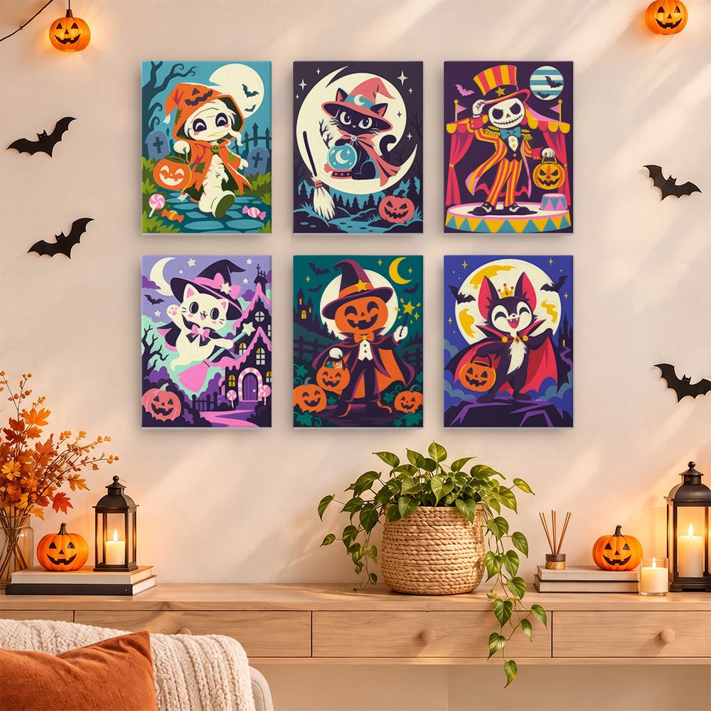 Moonlit Fairground Characters mini paint by numbers set hung as a small Halloween gallery wall