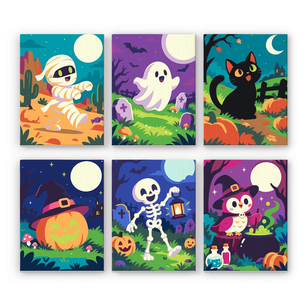 Moonlit Meadow Monsters mini paint by numbers set showing all six Halloween designs