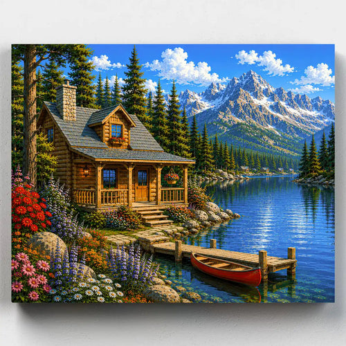 Painting of a wooden cabin by a lake with mountains in the background