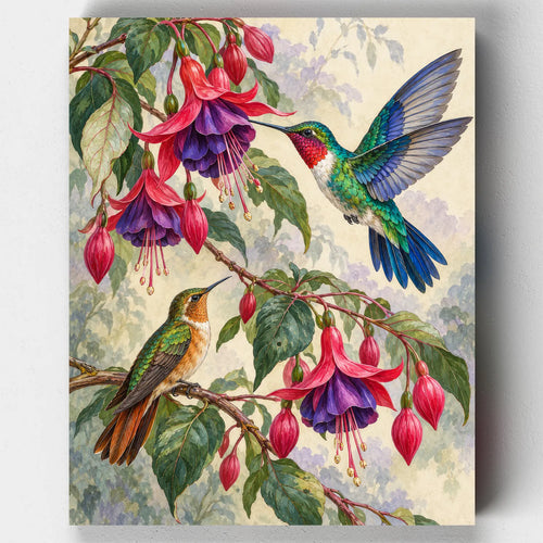 Nectar and Jewel Wings paint by numbers kit with two hummingbirds among hanging pink and purple fuchsia flowers