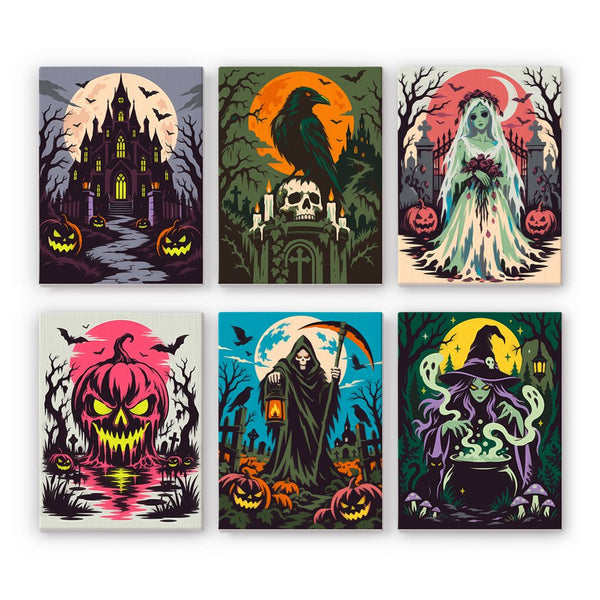 Nightmare Cathedral mini paint by numbers set showing all six Halloween designs