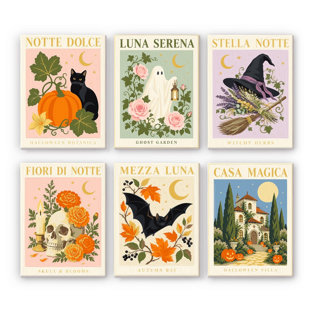 Notte Botanica Prints mini paint by numbers set showing all six Halloween designs