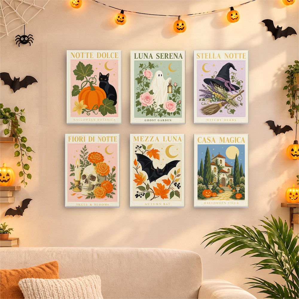 Notte Botanica Prints mini canvases displayed together in a cozy Halloween living room