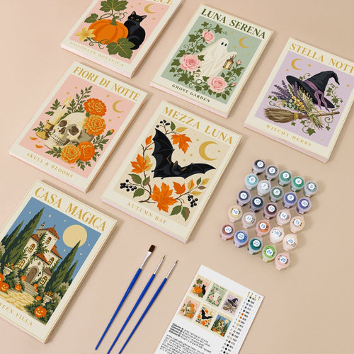 Notte Botanica Prints kit contents with six numbered canvases, paints, brushes and reference sheet