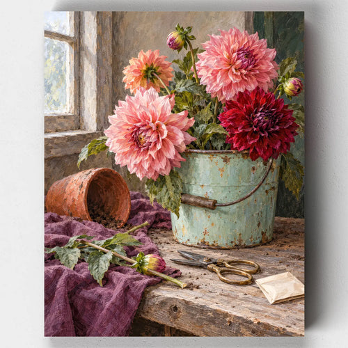 October Dahlias paint by numbers kit with pink and red dahlias in a mint bucket on a rustic garden bench