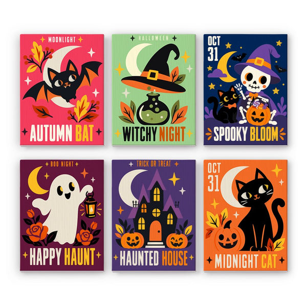 October Poster Art mini paint by numbers set showing all six Halloween designs