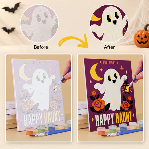 Before and after painting an October Poster Art mini canvas
