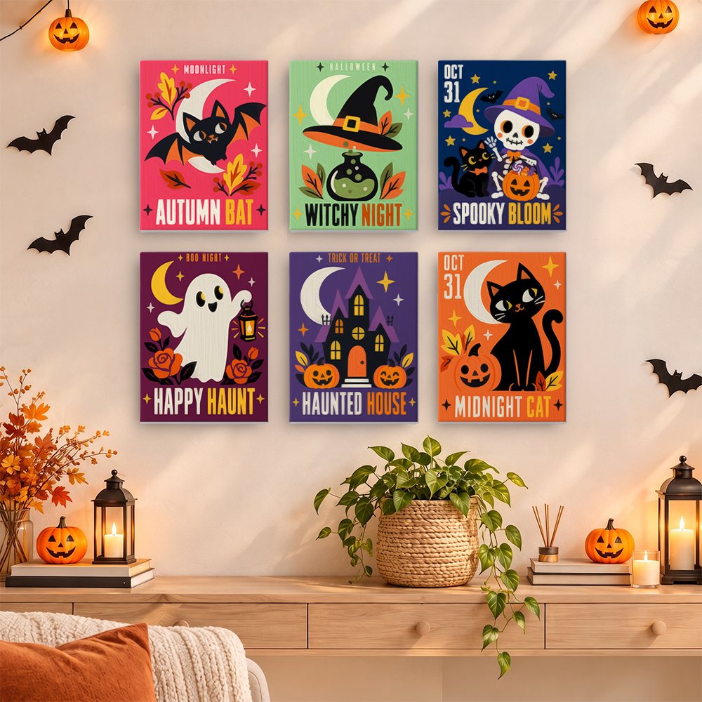 October Poster Art mini paint by numbers set hung as a small Halloween gallery wall