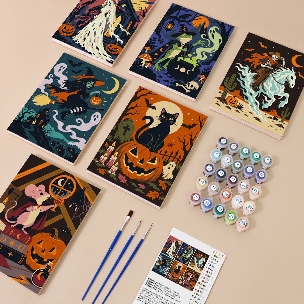 Old Legends by Moonlight kit contents with six numbered canvases, paints, brushes and reference sheet