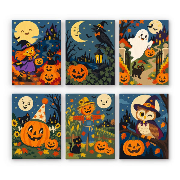 Old-Time Autumn Storybook mini paint by numbers set showing all six Halloween designs