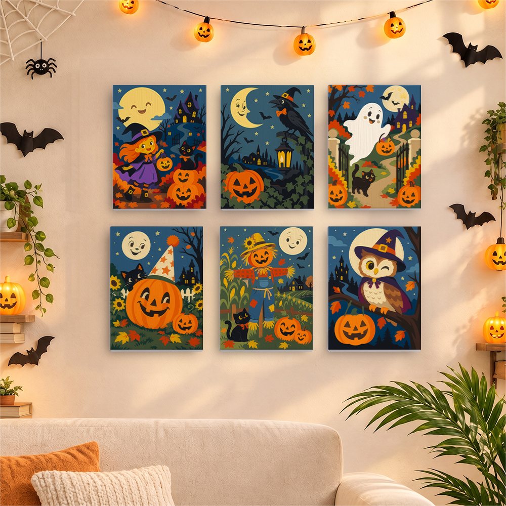 Old-Time Autumn Storybook mini canvases displayed together in a cozy Halloween living room