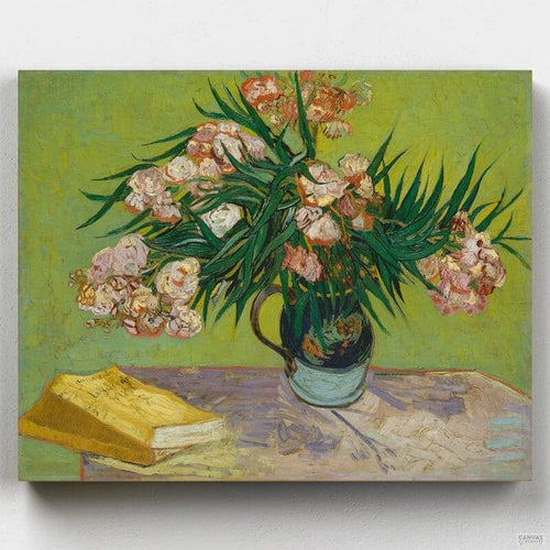Paint by Numbers kit of Vincent van Gogh’s Oleanders featuring vibrant flowers in a vase, inspired by the artist’s iconic post-impressionist style.