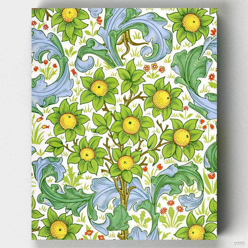 Orchard. Large blue and green acanthus leaves and small orange trees with oversized oranges and green leaves. Enjoy this Will Morris paint by number kit at CBN!