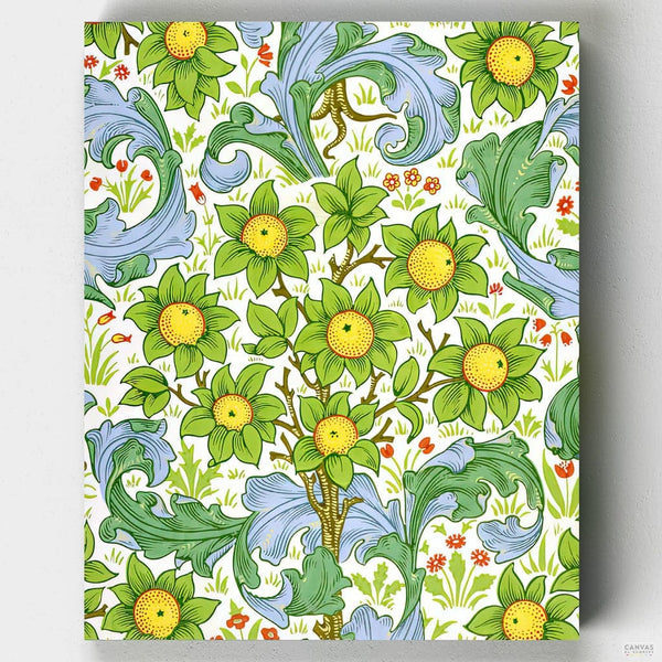Orchard - Paint by Numbers-Large blue and green acanthus leaves and small orange trees with oversized oranges and green leaves. Enjoy this Will Morris paint by number kit at CBN!-Canvas by Numbers