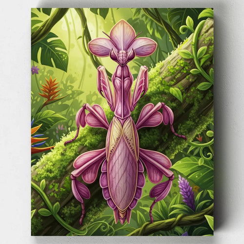 A painting of a pink mantis on a green leafy background