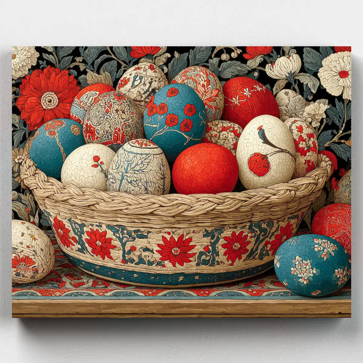 Decorative basket with patterned eggs on a floral background