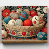 Decorative basket with patterned eggs on a floral background