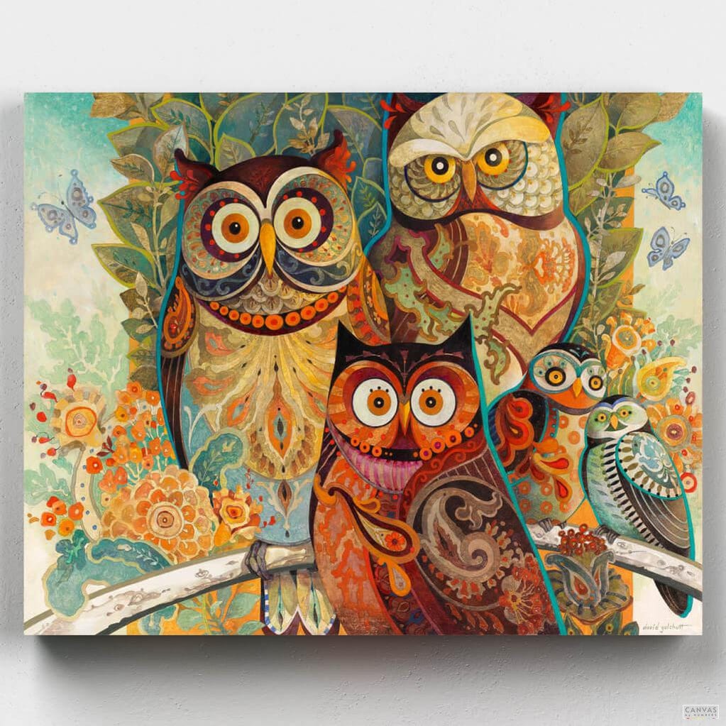 Painting of Owls by David Galchutt Using Paint by Numbers-Immerse yourself in the enchanting world of owl art with our vibrant 'Painting of Owls'. David Galchutt's owls painting on canvas is an artistic brilliance.-Canvas by Numbers