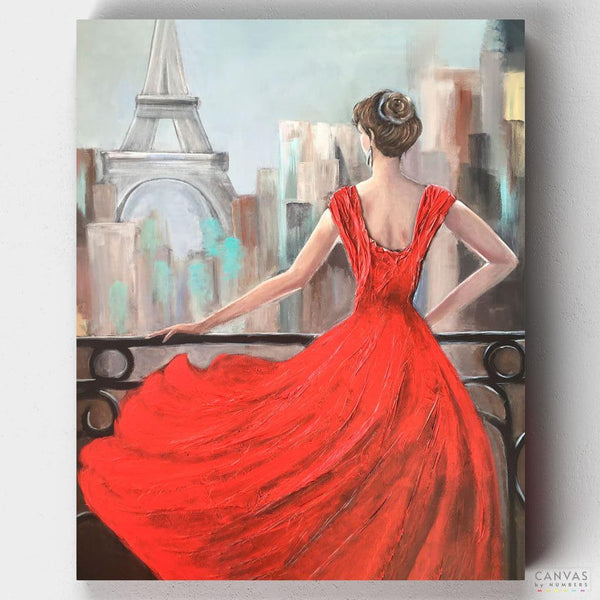 Parisian Girl in Red Dress - Paint by Numbers Kit-You'll love our Parisian Girl paint by numbers kit. Shop more than 500 paintings at Canvas by Numbers. Up to 50% Off! Free shipping and 60 days money-back.-Canvas by Numbers