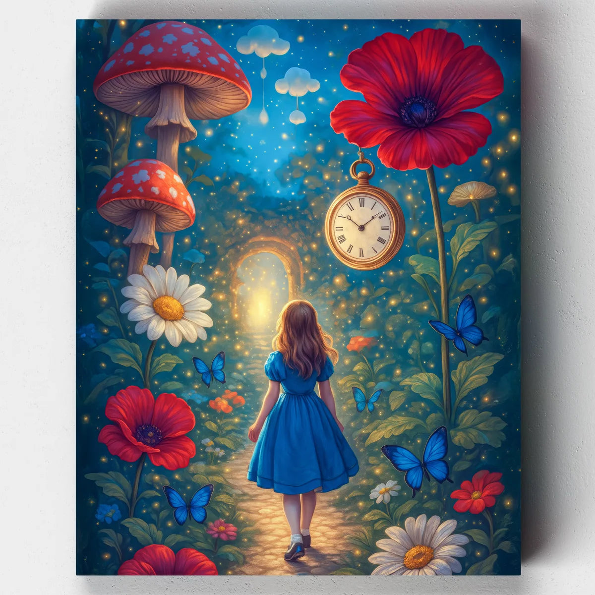 Artwork of a woman in a blue dress standing in a magical garden with flowers, butterflies, and a clock.
