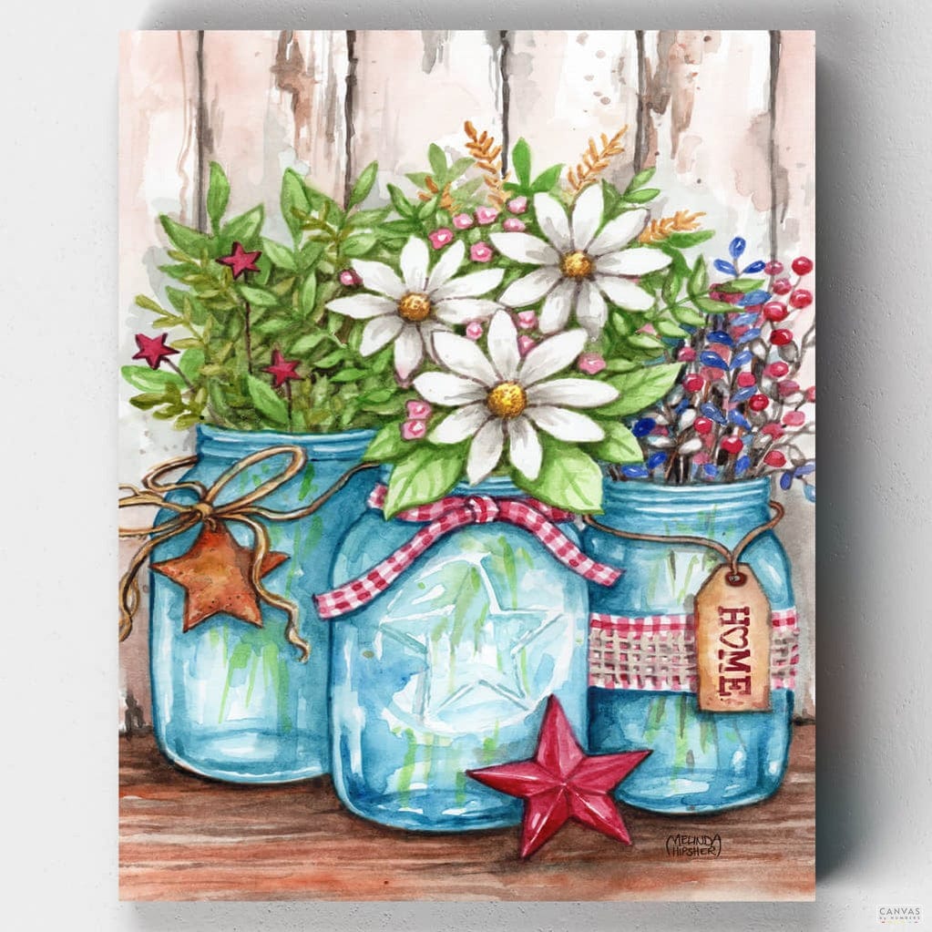 Patriotic Jars of Flowers and Stars - Paint by Numbers-Patriotic Jars of Flowers & Stars by Melinda Hipsher is a beautiful paint by numbers kit ideal for beginners and avid painters.-Canvas by Numbers