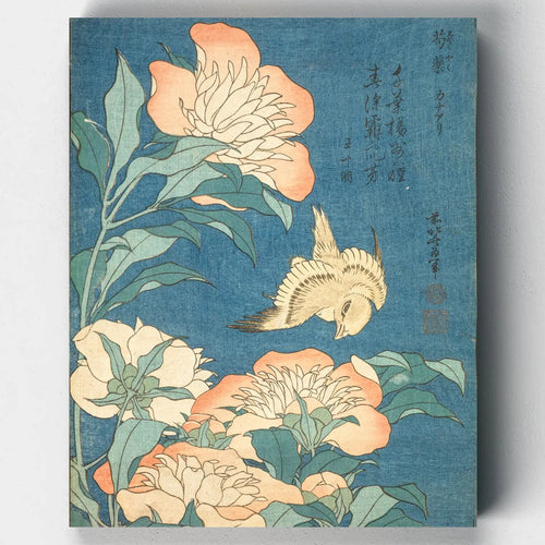 Hokusai coral peonies and a diving canary on a blue background paint by numbers kit