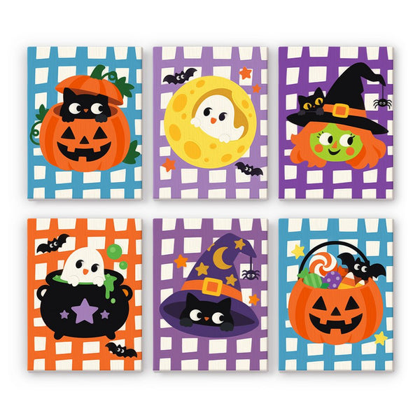 Plaid Pumpkin Party mini paint by numbers set showing all six Halloween designs
