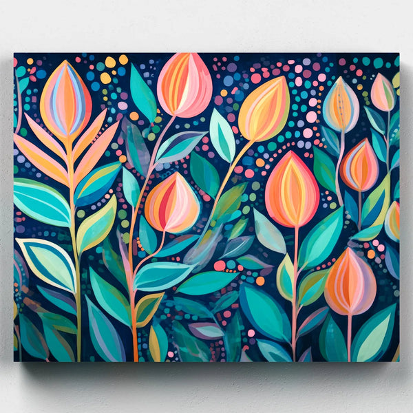 Colorful floral pattern with tulips on a dark blue background