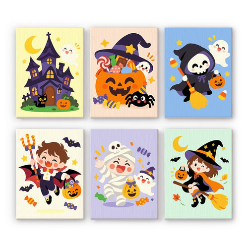 Pocket-Size Costume Kids mini paint by numbers set showing all six Halloween designs