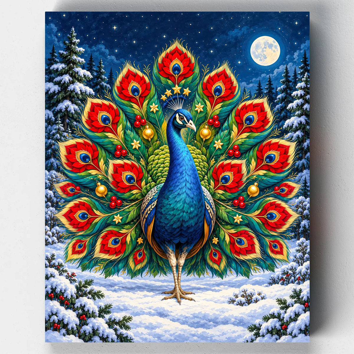 Poinsettia Peacock. A blue peacock with a tail of red poinsettia feathers in the snow in this Christmas paint by numbers kit.