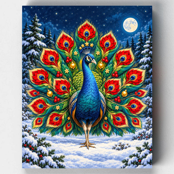 Poinsettia Peacock. A blue peacock with a tail of red poinsettia feathers in the snow in this Christmas paint by numbers kit.