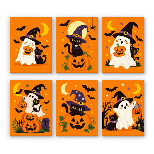Pointy Hat Spooks mini paint by numbers set showing all six Halloween designs