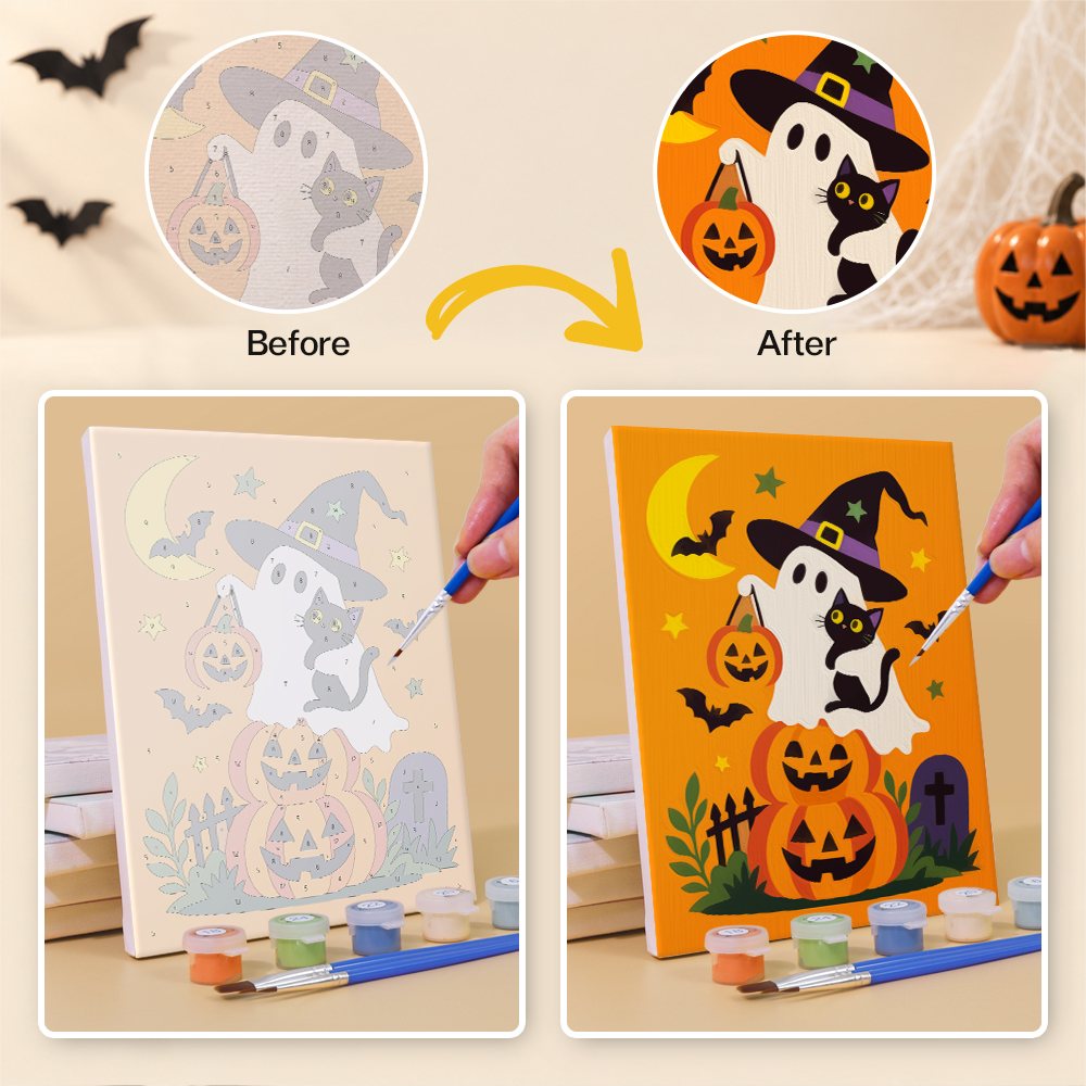 Before and after painting a Pointy Hat Spooks mini canvas