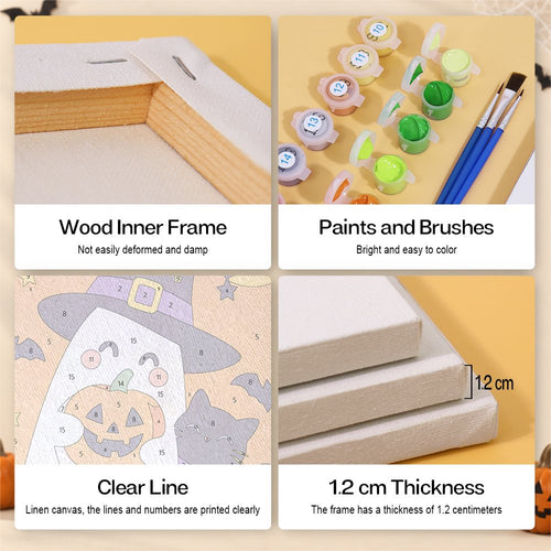 Canvas, wood frame, paint and brush details for the Pointy Hat Spooks mini set