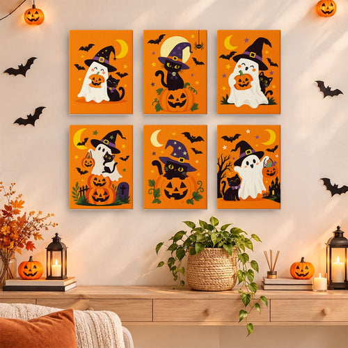 Pointy Hat Spooks mini paint by numbers set hung as a small Halloween gallery wall