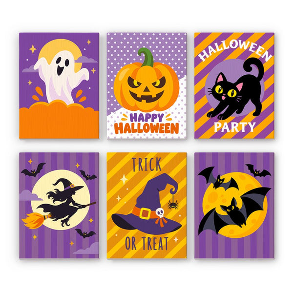 Polka Dot Bat Party mini paint by numbers set showing all six Halloween designs