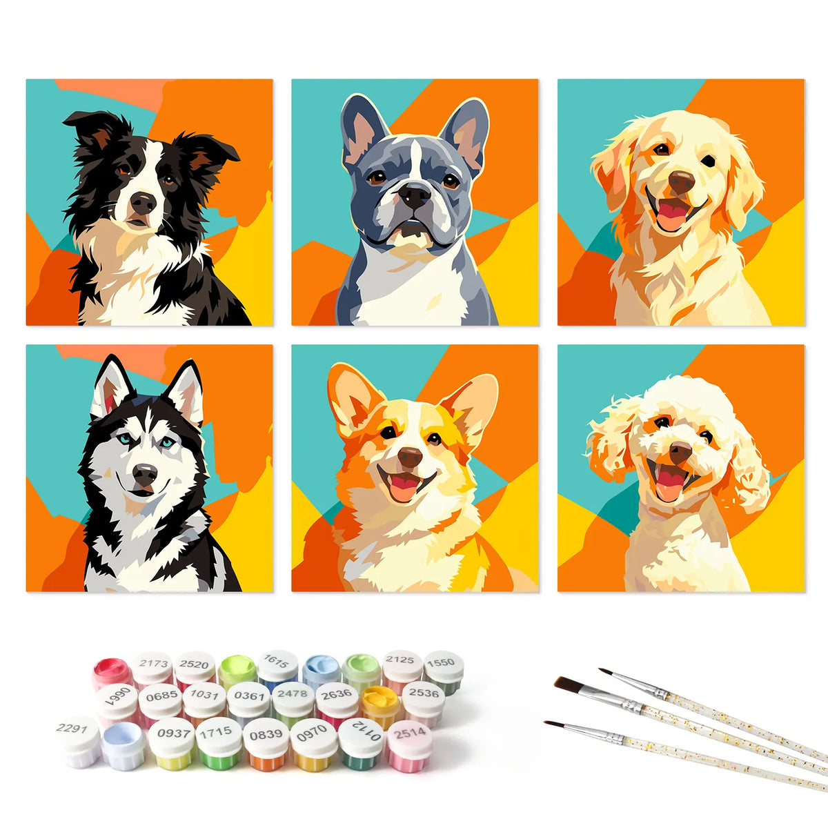 Pop Art Dog Portraits mini paint by numbers set mockup