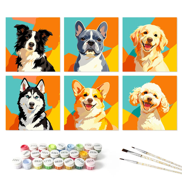 Pop Art Dog Portraits mini paint by numbers set mockup